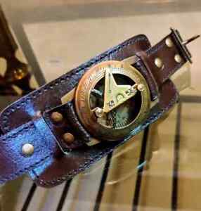 Steampunk Wrist Brass Unique Compass Sundial Genuine Leather Wrist Watch