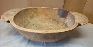 Rare Large Antique Primitive Wooden Dough Bowl With Repairs 23 X18 X7 