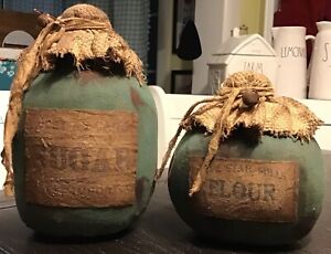 Set Of 2 Primitive Grubby Flour And Sugar Containers Kitchen Decor Handmade