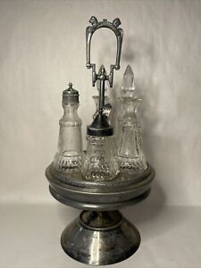 Vintage Victorian Castor Cruet Condiment Set Silver Plate Stand Etched Bottles