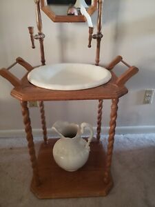 Antique Oak Wash Stand With Pitcher And Basin