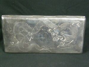 Antique Sterling Silver Dragons Chinese Export Large Cigarette Case Signed