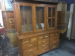 Circa 1910 20 Antique Oak Stepback Cupboard School Science Lab Cabinet 70 W X 78