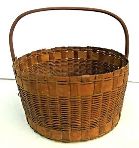 Antique Primitive Basket Woven Very Thin Sides Bent Wood Handle