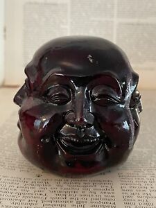 Vintage Chinese Carved Wood Buddha Head 4 Sided Emotions Paperweight Statue
