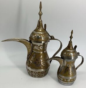 Vintage Qty 2 Dallah Coffee Pot Brass Middle Eastern Floral Engraved Unbranded