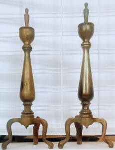 Antique Queen Anne Style Brass Andirons 21 Fire Dogs Cabriole Legs Urn Finial
