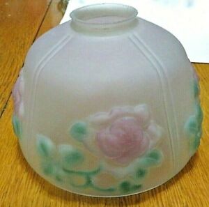 Vintage Frosted Glass Lamp Shade Reverse Painted Puffy Rose Flowers W3 