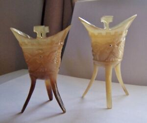 Pair Antique Chinese Tripod Carved Horn Sculpture Holders Fire Birds Rare 4 Inch