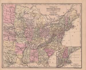 1886 Antique Warren S School Atlas Railroad Map Of United States Hand Colored