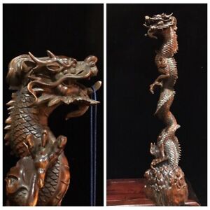 10 Old Antique Wooden Dragon Statue Wood Carving Boxwood Carved Pen Holder Desk