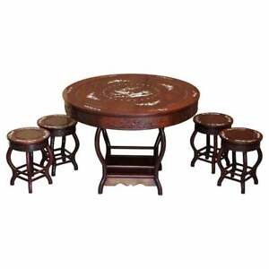 Antique Chinese 1900 Ming Dynasty Rosewood Mother Of Pearl Inlaid Table Stools