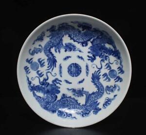 Kangxi Signed Antique Chinese Blue White Porcelain Dish W Dragon