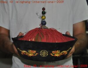9 Ancient Chinese Qing Dynasty Cloth Peacock Tail Gem Embroidery Dragon Hat Cap