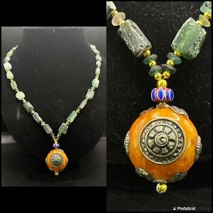Beautiful Ancient Roman Glass Beads With Syntactic Amber Pendant Lovely Necklace