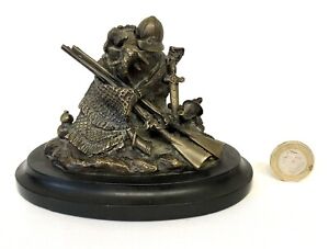 Bronze Hunting Inkwell Model Of Tree Trunk With Dead Game Shotguns Guns Sword