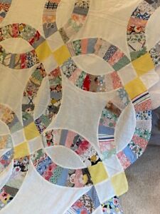 Antique 20 S 30 S Unfinished Scalloped Wedding Ring Quilt Cotton Top 76 X 92 L
