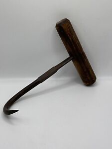 Antique Hay Bale Hook Wood Handle Forged Steel Country Farm Decor