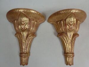 Pair Gold Gilded Art Deco Noveau Leaf Wall Bracket Shelves French Interest