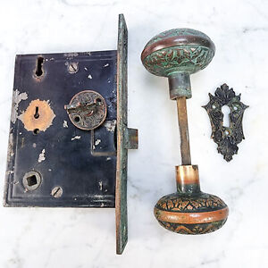 Antique Re Co Brass Door Mortise Triple Lock Knobs 1880s Hardware