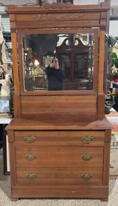 Antique American Eastlake Oak Victorian Dresser With Swivel Mirror Knapp Drawers