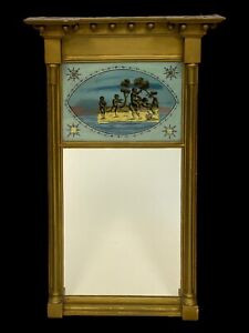 Antique Georgian Reverse Painted Cherubs Neoclassical Wall Mirror