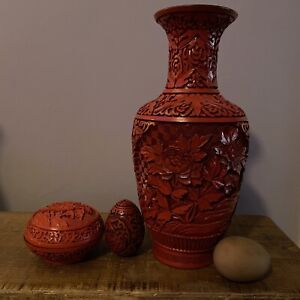 Chinese Carved Cinnabar Peony 10 Inch Vase Lidded Trinket Box Carved Egg