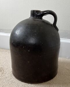 Antique Whiskey Jug 1 Gallon Stoneware Pottery Dark Brown Primitive Old Decor
