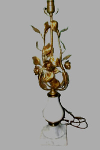 Italian Tole Gilt Roses Table Lamp Marble Base Regency Mid Century Stunning 1960