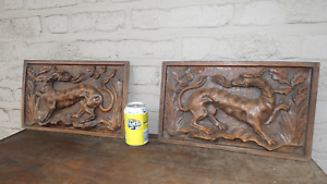 Pair Antique Wood Carved Relief Mythological Dragon Plaques Panels Gothic