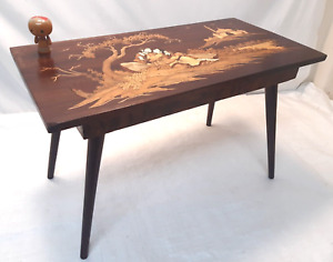 Vintage Wooden Bone Inlay Stand Coffee Table Handmade Lovers 1960s 5