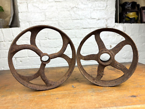 2 Antique Iron Wheels W Ornate Spokes Farm Implement Restoration Repurpose 