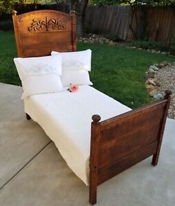 Antique Victorian Era Tall Wooden Child S Bed W Carved Details Mattress Spring