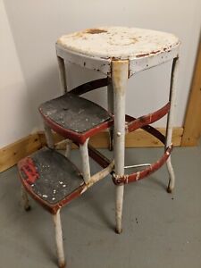 Vintage Cosco Red White Kitchen Step Stool Ladder Seat W Fold Out Steps