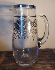 Vintage Silver Sterling Overlay On Clear Glass Floral Pitcher Ice Lip 11 1 2 Tal
