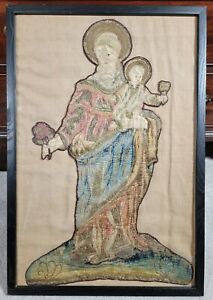 Antique Italian 17th Century Madonna Christ Baroque Embroidered Tapestry Panel
