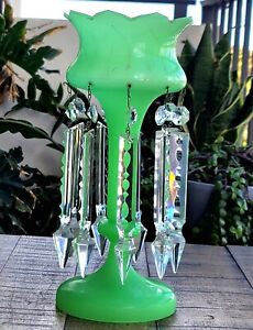 Antique French Victorian Opaline Glow Glass Large Mantel Luster Green Read