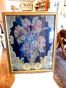Lg Estate Vintage Framed Art Work Micro Petit Point Needlepoint Floral Bouquet