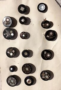 Card Of 16 Antique Inlaid Black Glass Buttons Some Pictorials