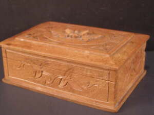 19 C German Black Forest Carved Wood Tramp Folk Art Jewelry Trinket Vanity Box