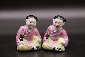 Chinese Antique Vintage Hand Painted Famille Rose Child Statue Pair