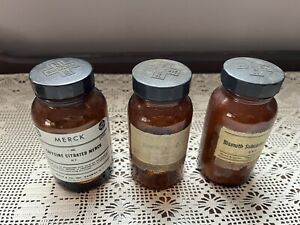 Vtg Apothecary Medical Pharmacy Merck Chemical Amber Glass Jar Lot Of 3 W Lids