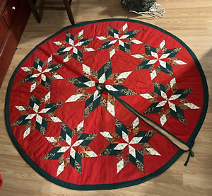 56 Red White Green Quilted Star Primitive Country Christmas Quilt Tree Skirt