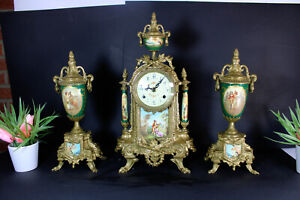 Mantel Clock Set Porcelain Bronze Victorian Scene Landscape Rare Vases Urns