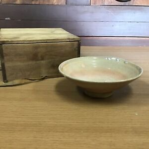 Y1058 Chawan Hagi Ware Flat Bowl Box Tea Ceremony Japanese Pottery Antique Japan