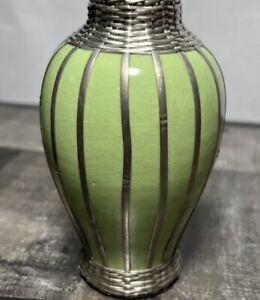 Antique Japanese Awaji Green Craquelure Monochrome Vase Silver Weave Reduced