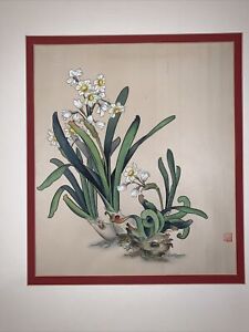 Large Asian Art Oil Painting Flowers Matted 25 X 28 
