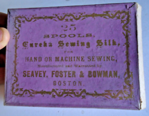 Antique Box Wooden Spools Sewing Silk Thread Seavy Foster Bowman 1800s Rare