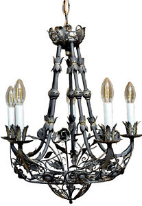 Antique Italian Wrought Iron Tole Black Chandelier Roses Gothic Spanish Revival