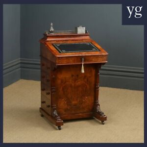 Antique English Victorian Burr Walnut Freestanding Davenport Writing Desk Circa